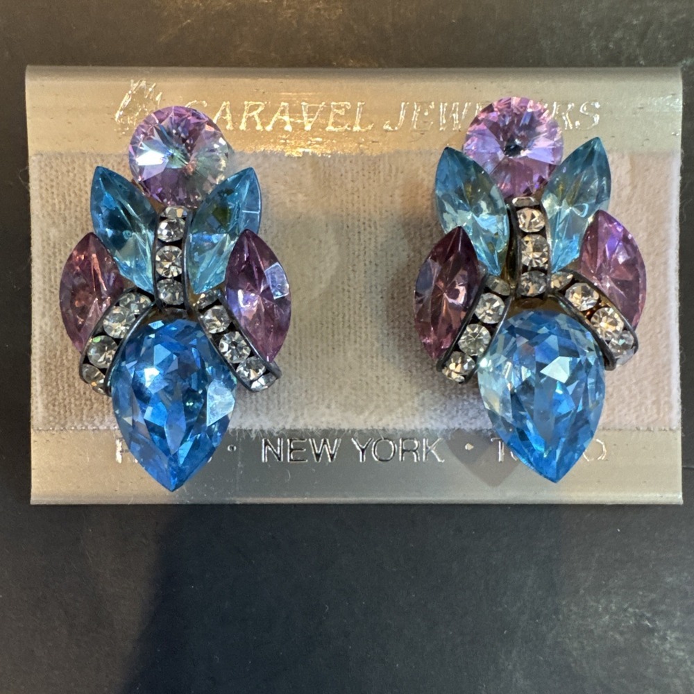 Vintage Austrian Crystal Handset Pierced Earrings New on‎ Card 1.5" Rhinestone
